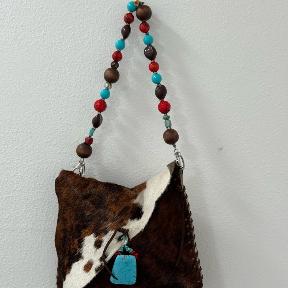 Brown and White Cowhide Bag with Beaded Strap